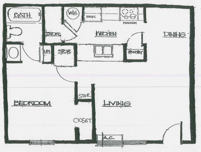 Floor plan for 1 bed, 1 bath, 580 sqft